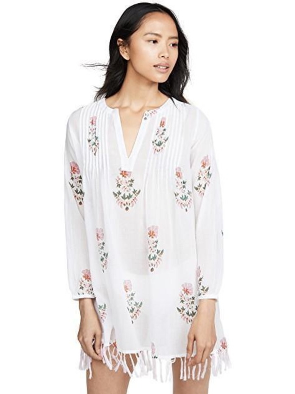 Roller Rabbit White Ziva Tunic with Pink Floral Print and Pink Fringe XXS